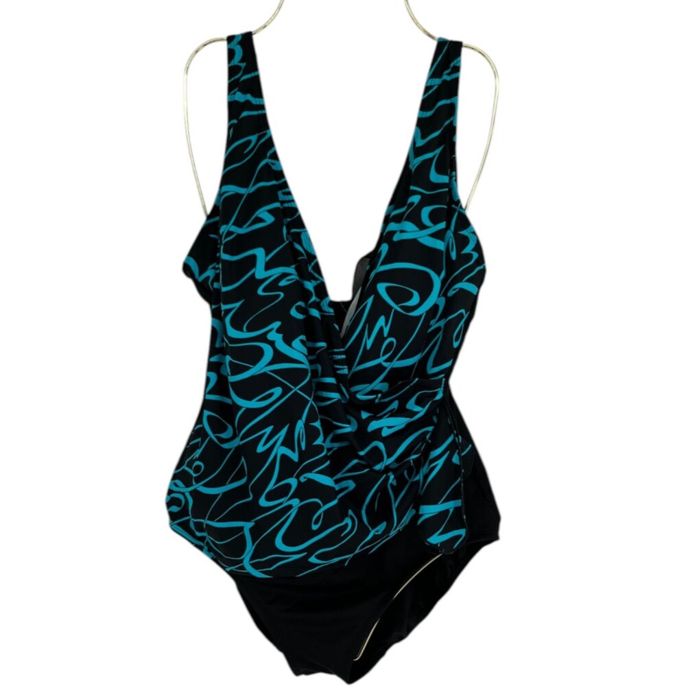 Longitude One-Piece Swimsuit Women's Size 14 Black Blue Abstract Ruched V-Neck